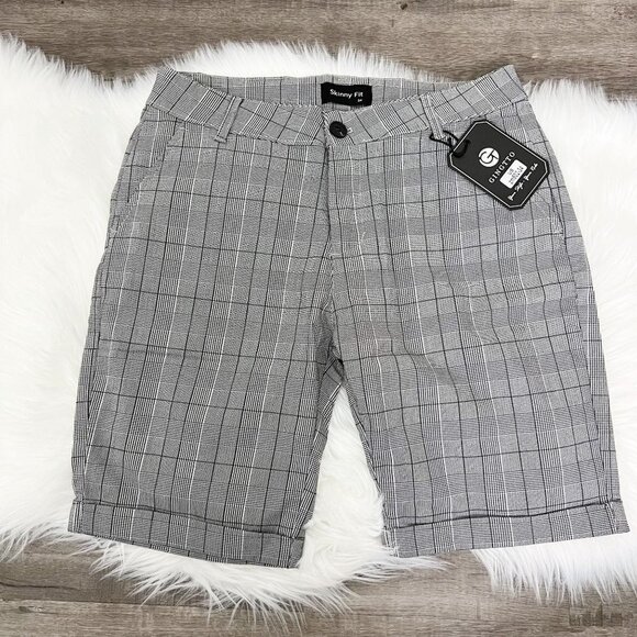 Gingtto Mens 34 Gray Plaid Skinny Chino Shorts Cuffed Stretch - Picture 1 of 12